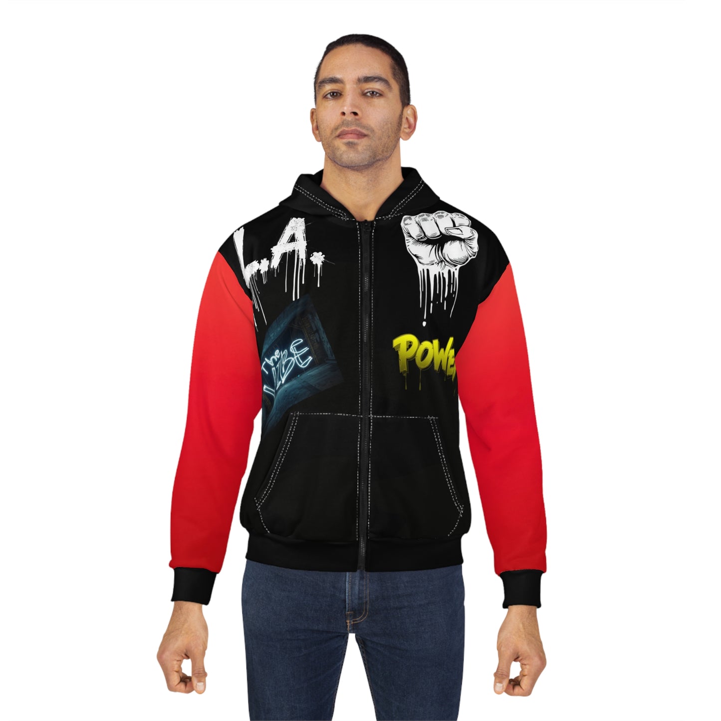 Broken Crayons Collection™ “L.A. POWER” Zip-Up Hoodie – Urban Graffiti Style with Red Sleeves