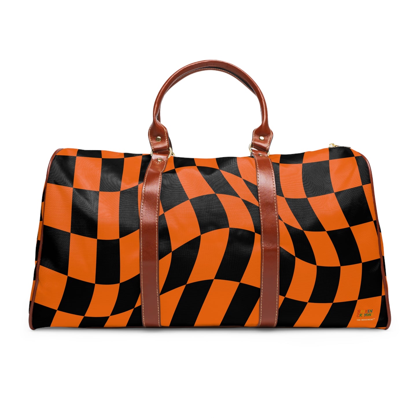 Broken Crayons Collection-Optical Illusion Duffel Bag – Bold Black & Orange Checkerboard with Luxe Leather Accents