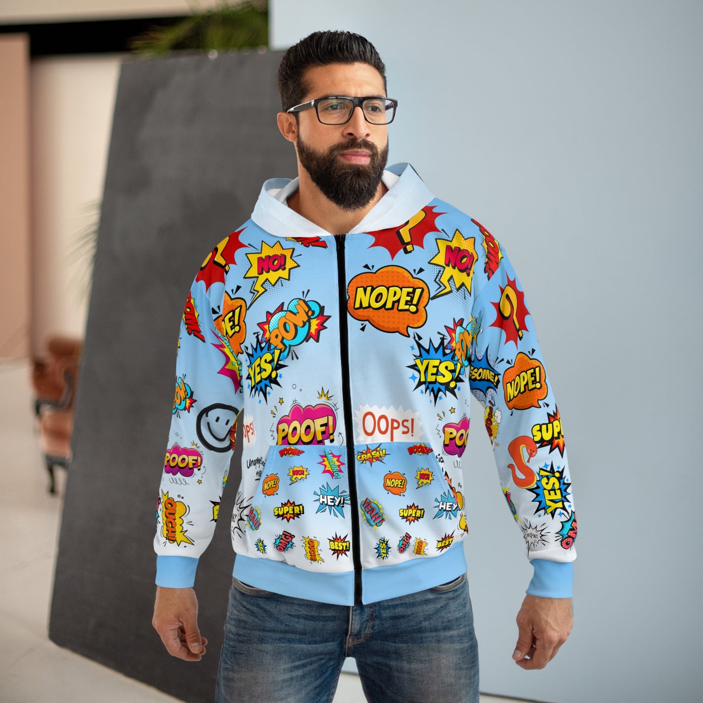 Broken Crayons Collection Comic Pop Art Zip Hoodie — 'YES! NOPE! OOPS!' All-Over Print