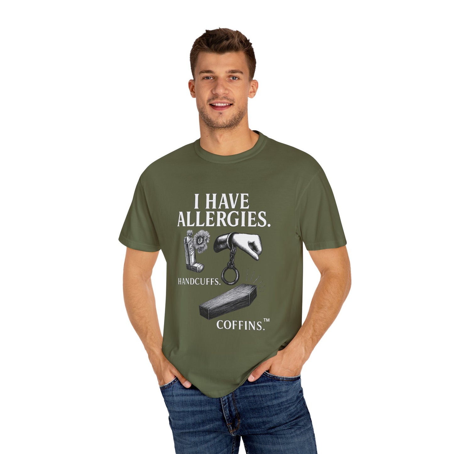 I Have Allergies, Handcuffs, and Coffins Tee – Broken Crayons Collection™ | Empowerment Apparel for Dark Truths