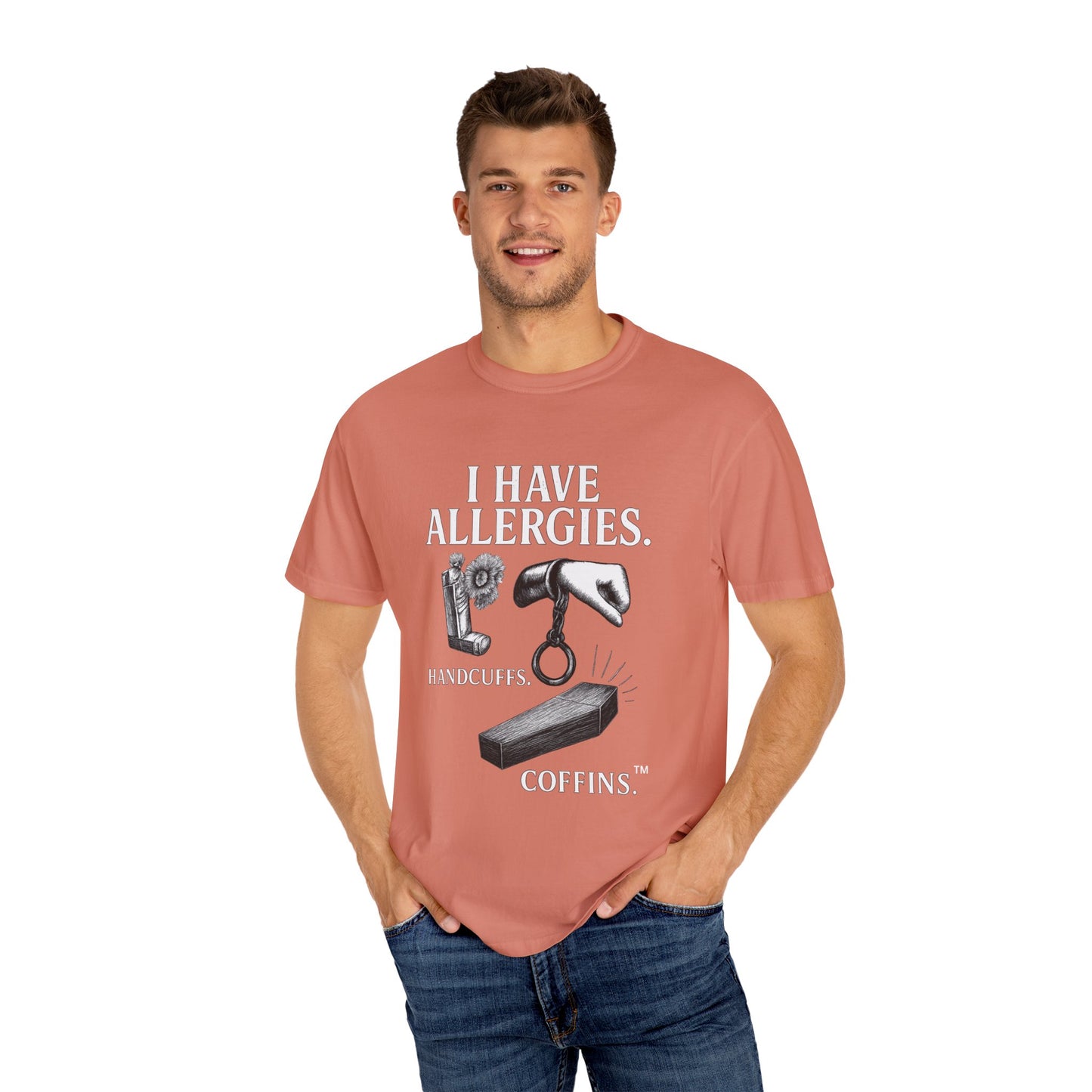 I Have Allergies, Handcuffs, and Coffins Tee – Broken Crayons Collection™ | Empowerment Apparel for Dark Truths