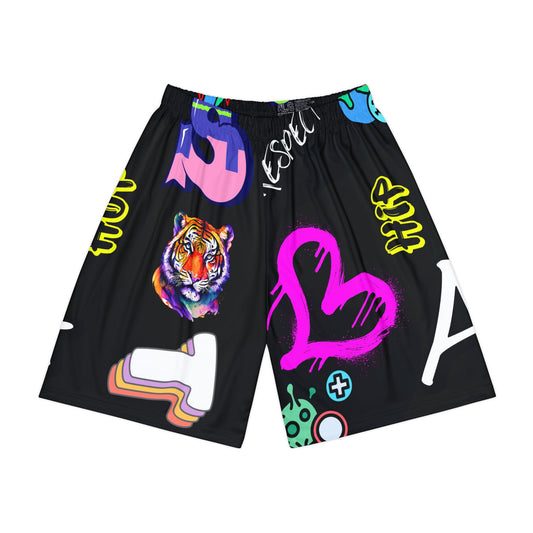Broken Crayons Black Teen Basketball Shorts – Tiger Graphic, Heart Symbol, Street Art Style