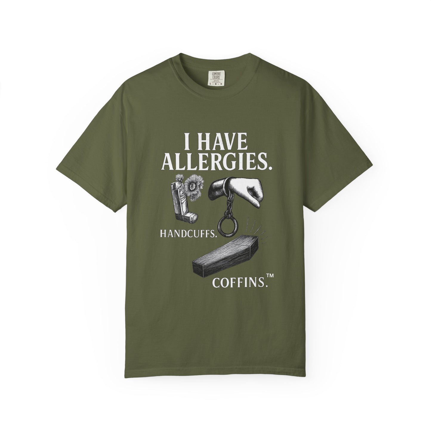 I Have Allergies, Handcuffs, and Coffins Tee – Broken Crayons Collection™ | Empowerment Apparel for Dark Truths