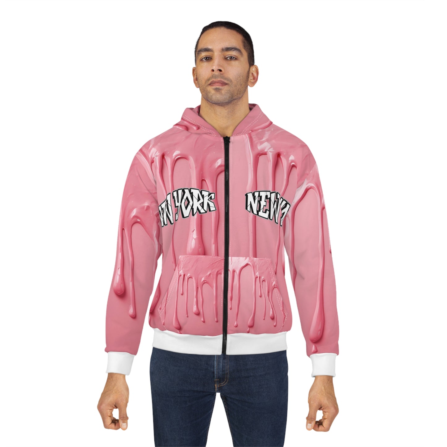 Broken Crayons Collection Pink Drip Zip Hoodie – Glossy “NEW YORK” Streetwear with Surreal Melt Effect