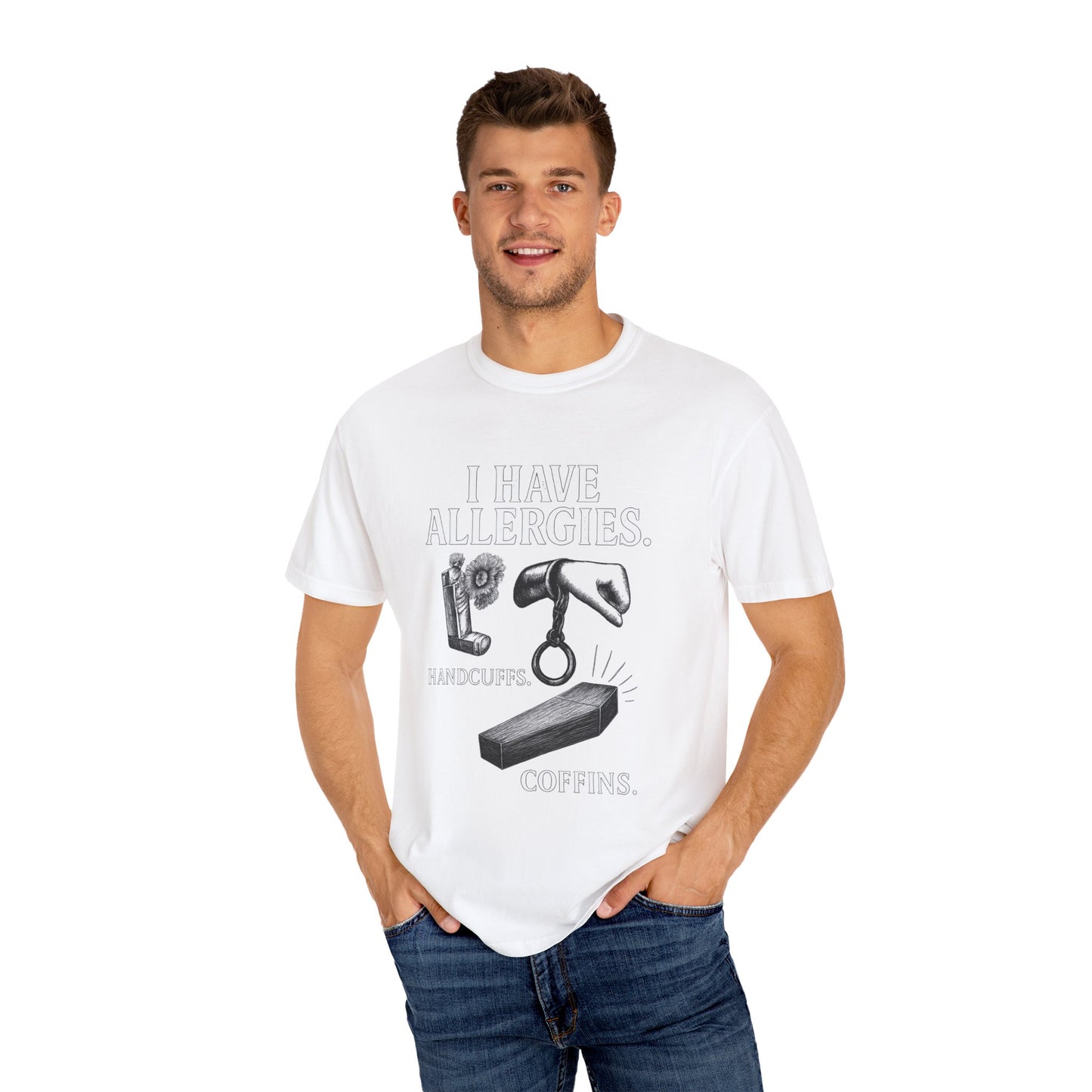I Have Allergies, Handcuffs, and Coffins Tee – Broken Crayons Collection™ | Empowerment Apparel for Dark Truths