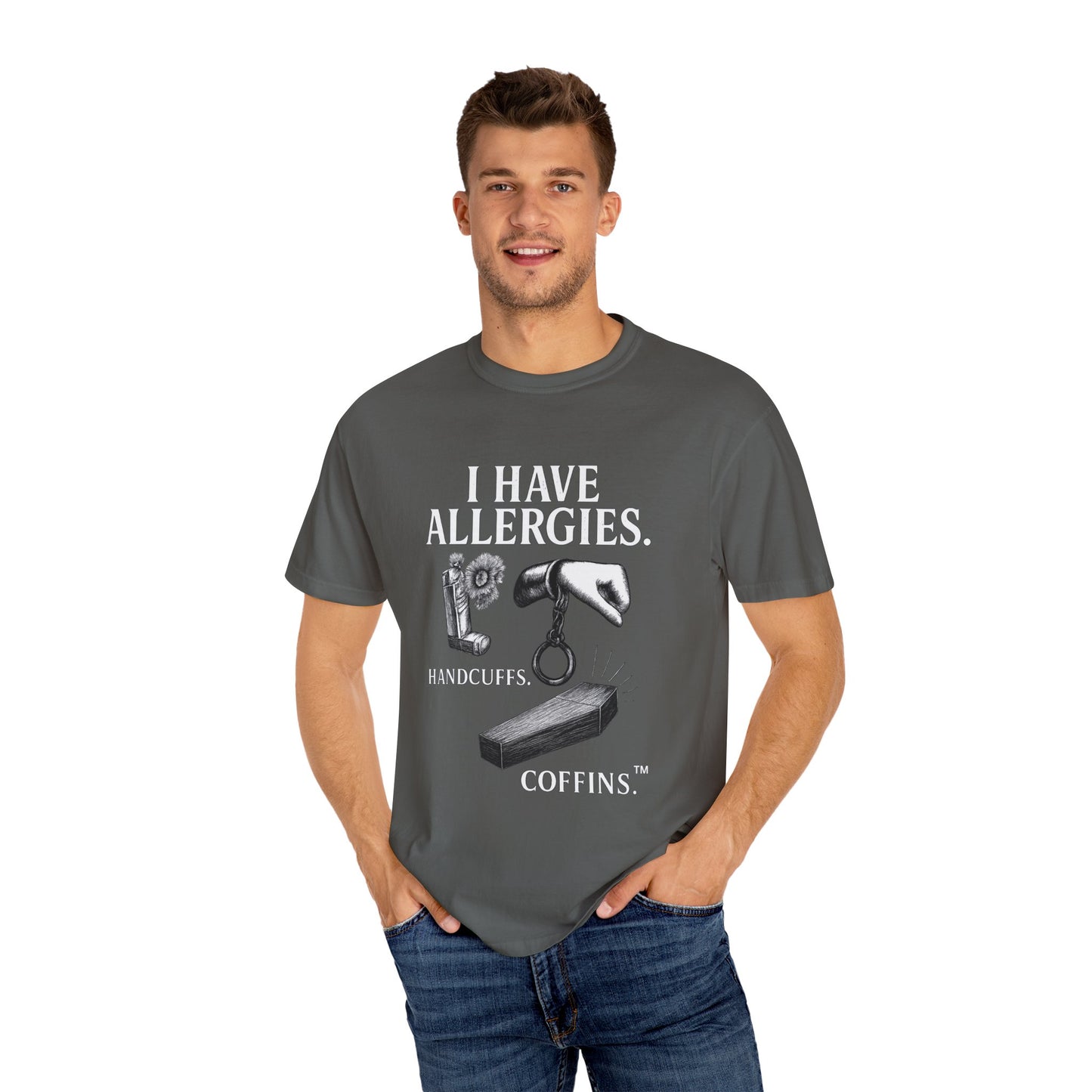 I Have Allergies, Handcuffs, and Coffins Tee – Broken Crayons Collection™ | Empowerment Apparel for Dark Truths