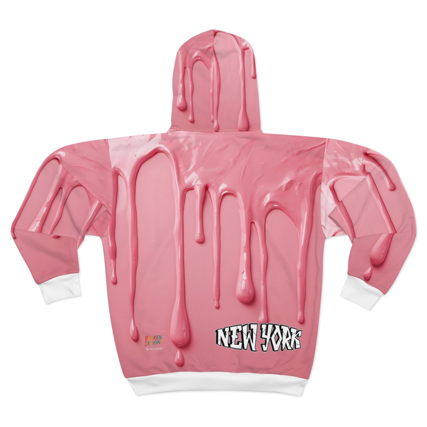 Broken Crayons Collection Pink Drip Zip Hoodie – Glossy “NEW YORK” Streetwear with Surreal Melt Effect