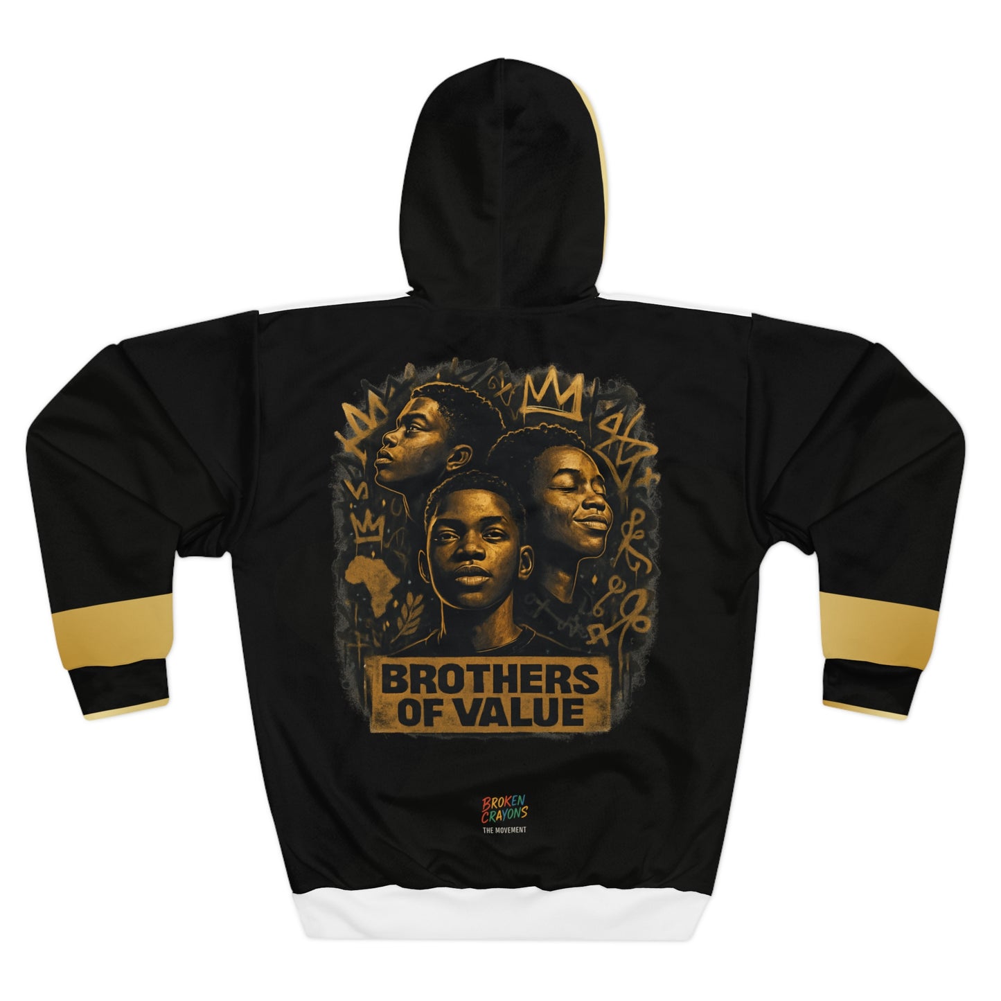 Broken Crayons Collection-"Brothers of Value" Crowned Hoodie – Black, Gold & White | Empowerment Streetwear for Boys of Color