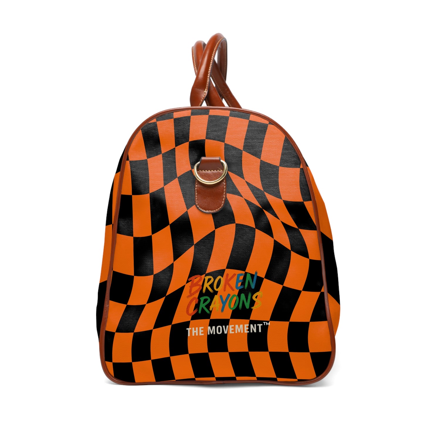 Broken Crayons Collection-Optical Illusion Duffel Bag – Bold Black & Orange Checkerboard with Luxe Leather Accents