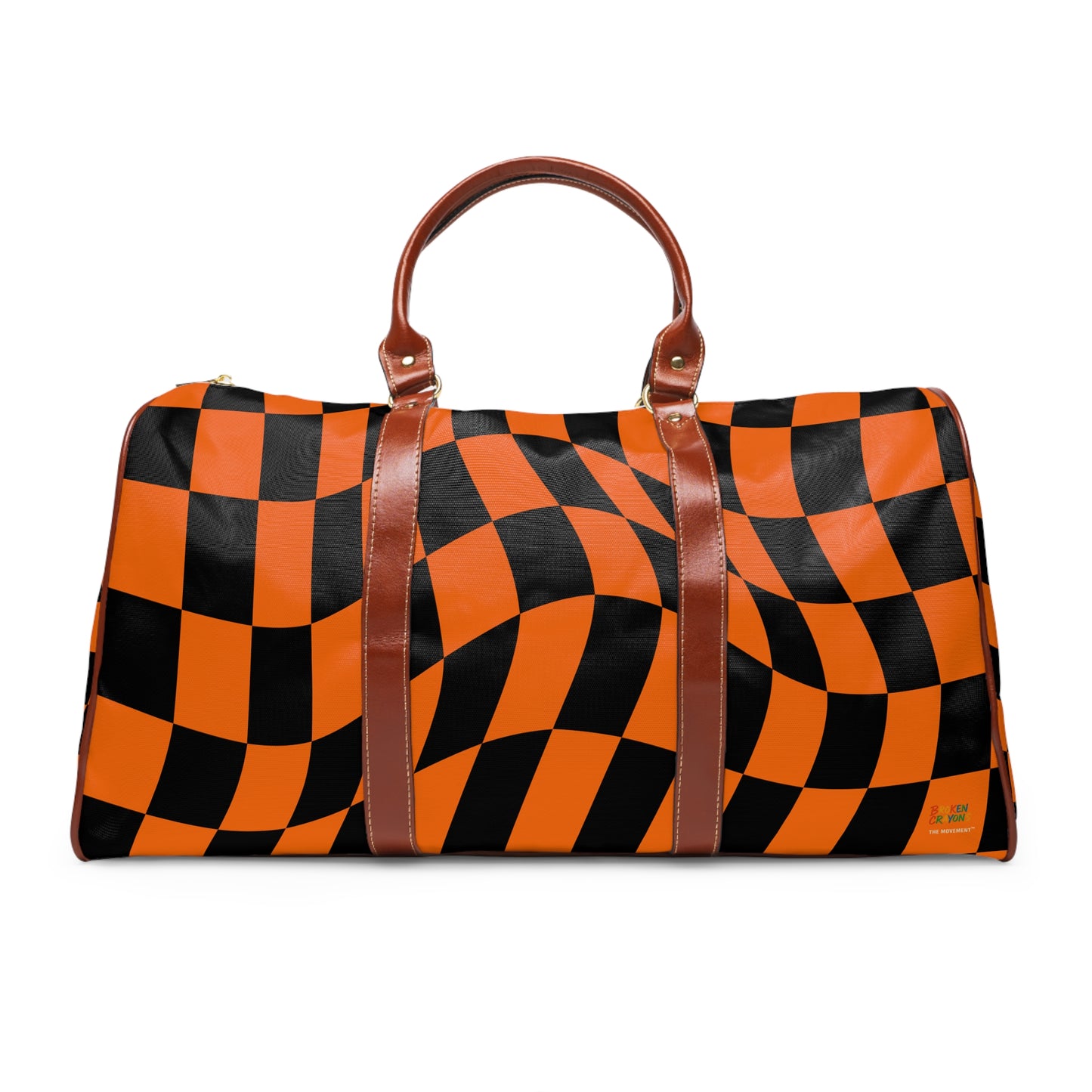 Broken Crayons Collection-Optical Illusion Duffel Bag – Bold Black & Orange Checkerboard with Luxe Leather Accents
