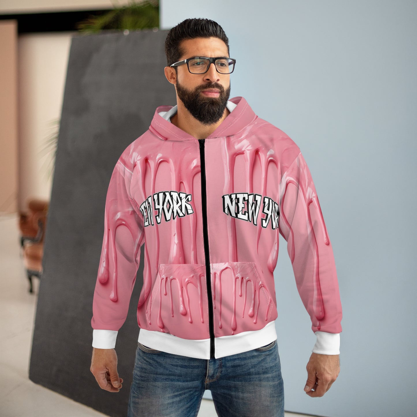 Broken Crayons Collection Pink Drip Zip Hoodie – Glossy “NEW YORK” Streetwear with Surreal Melt Effect