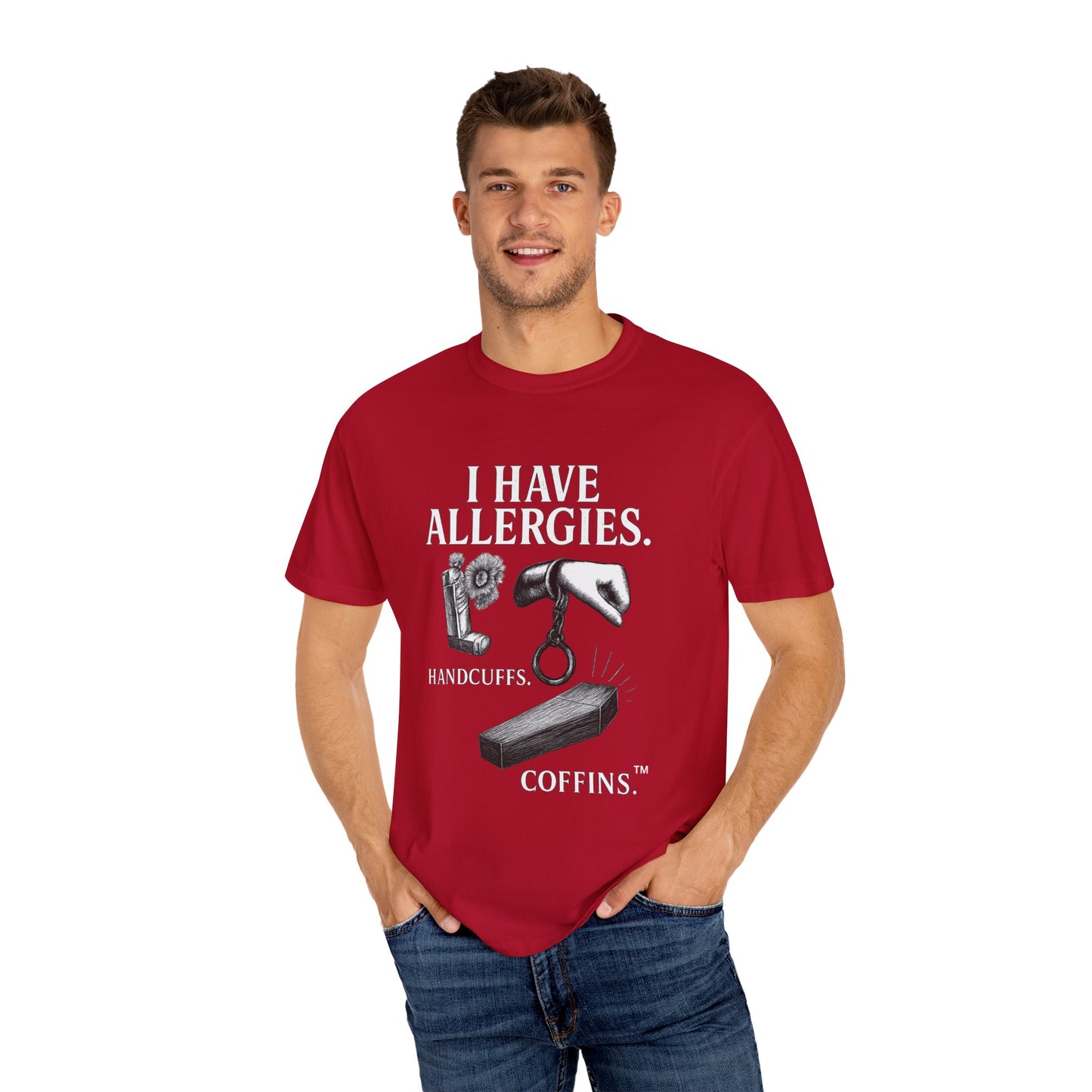 I Have Allergies, Handcuffs, and Coffins Tee – Broken Crayons Collection™ | Empowerment Apparel for Dark Truths