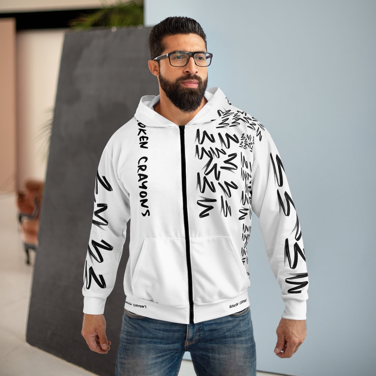Broken Crayons Zip Hoodie – White | Grit, Art, and Identity in Motion