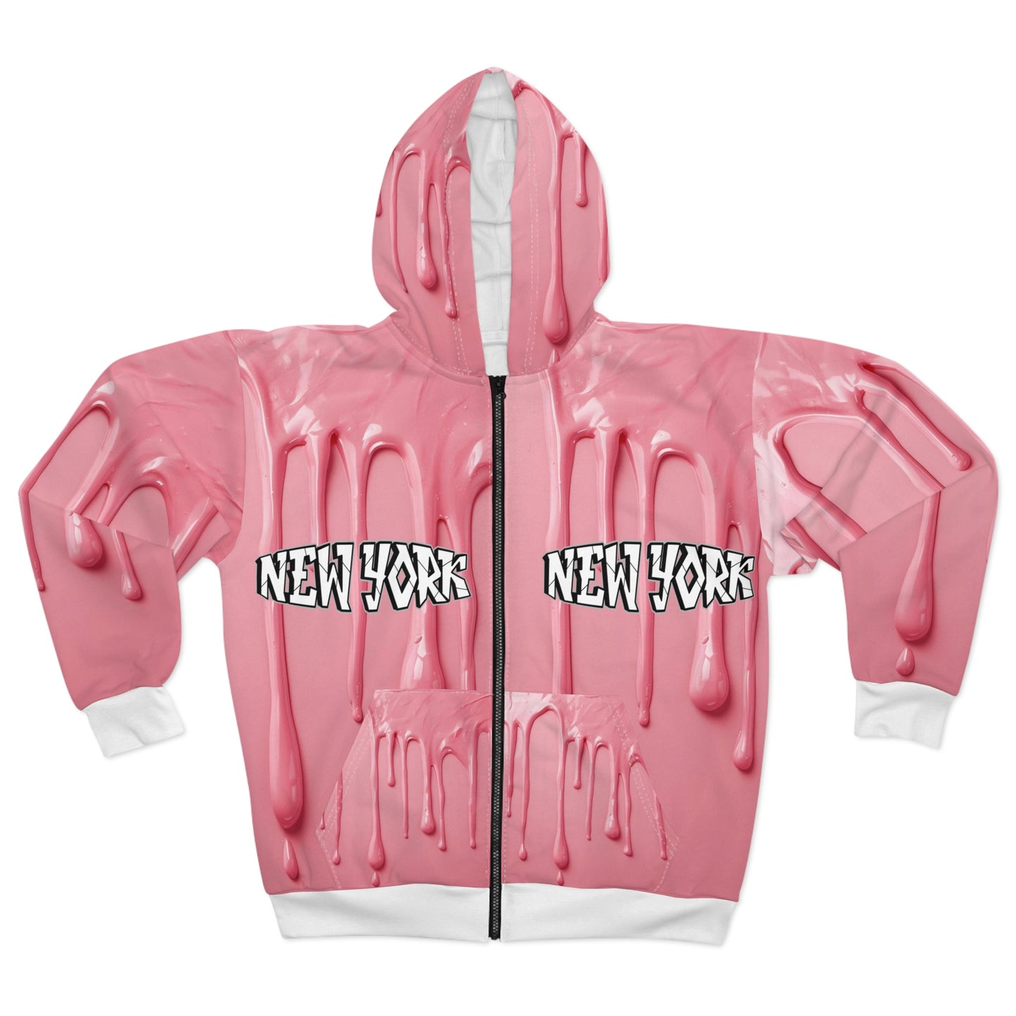 Broken Crayons Collection Pink Drip Zip Hoodie – Glossy “NEW YORK” Streetwear with Surreal Melt Effect