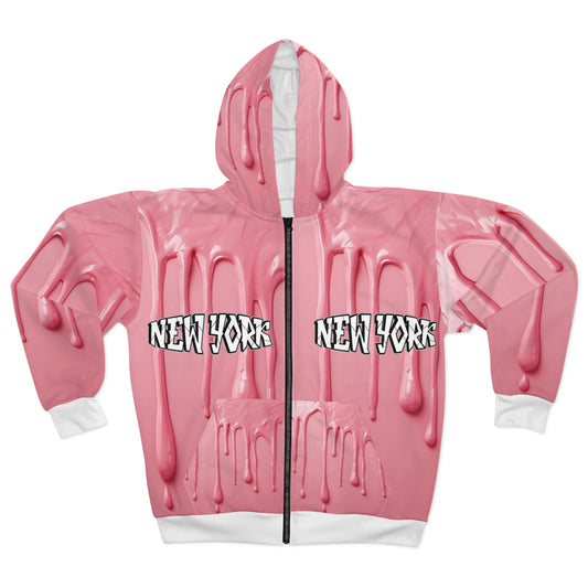 Broken Crayons Collection Pink Drip Zip Hoodie – Glossy “NEW YORK” Streetwear with Surreal Melt Effect