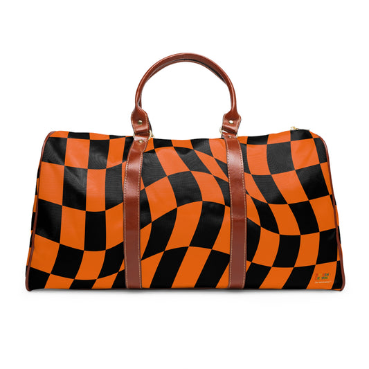 Broken Crayons Collection-Optical Illusion Duffel Bag – Bold Black & Orange Checkerboard with Luxe Leather Accents