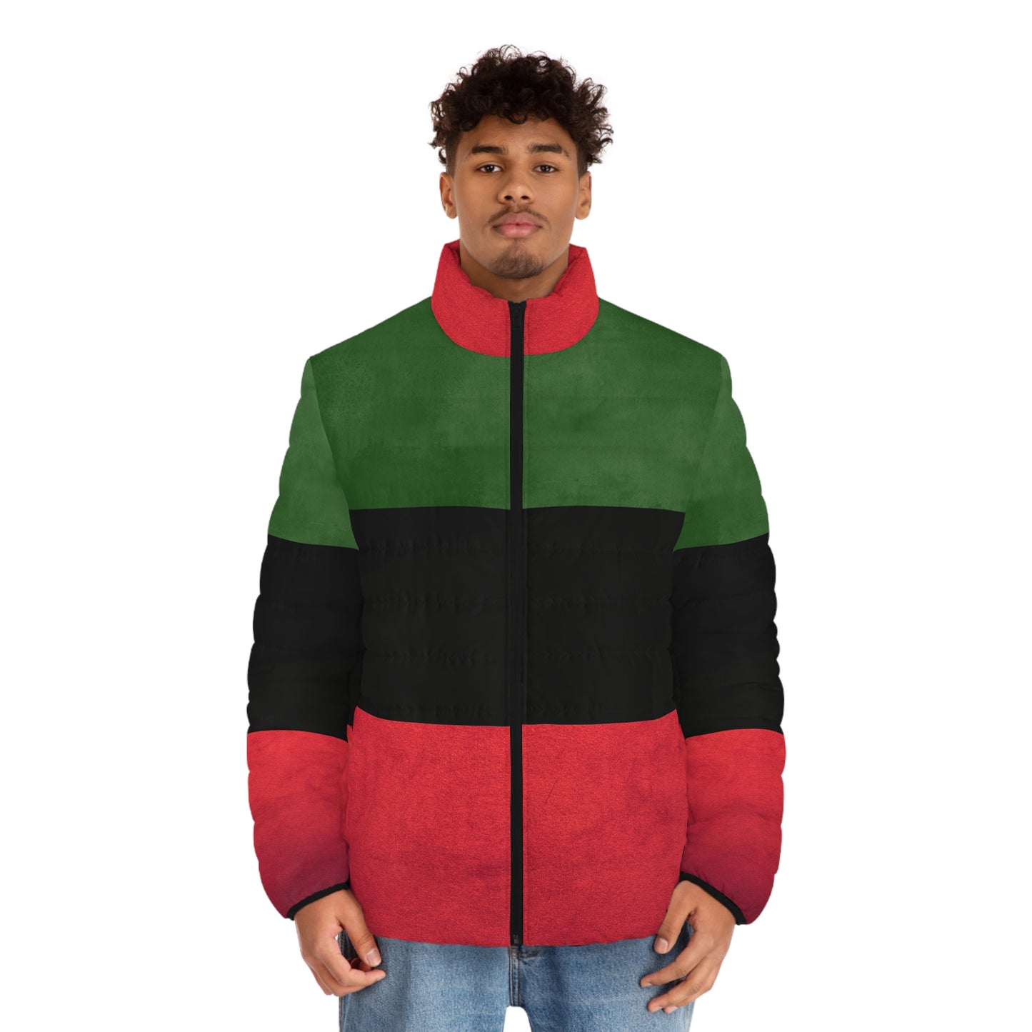 Broken Crayons Collection Pan-African Stripe Puffer Jacket — Red Black Green Winter Coat