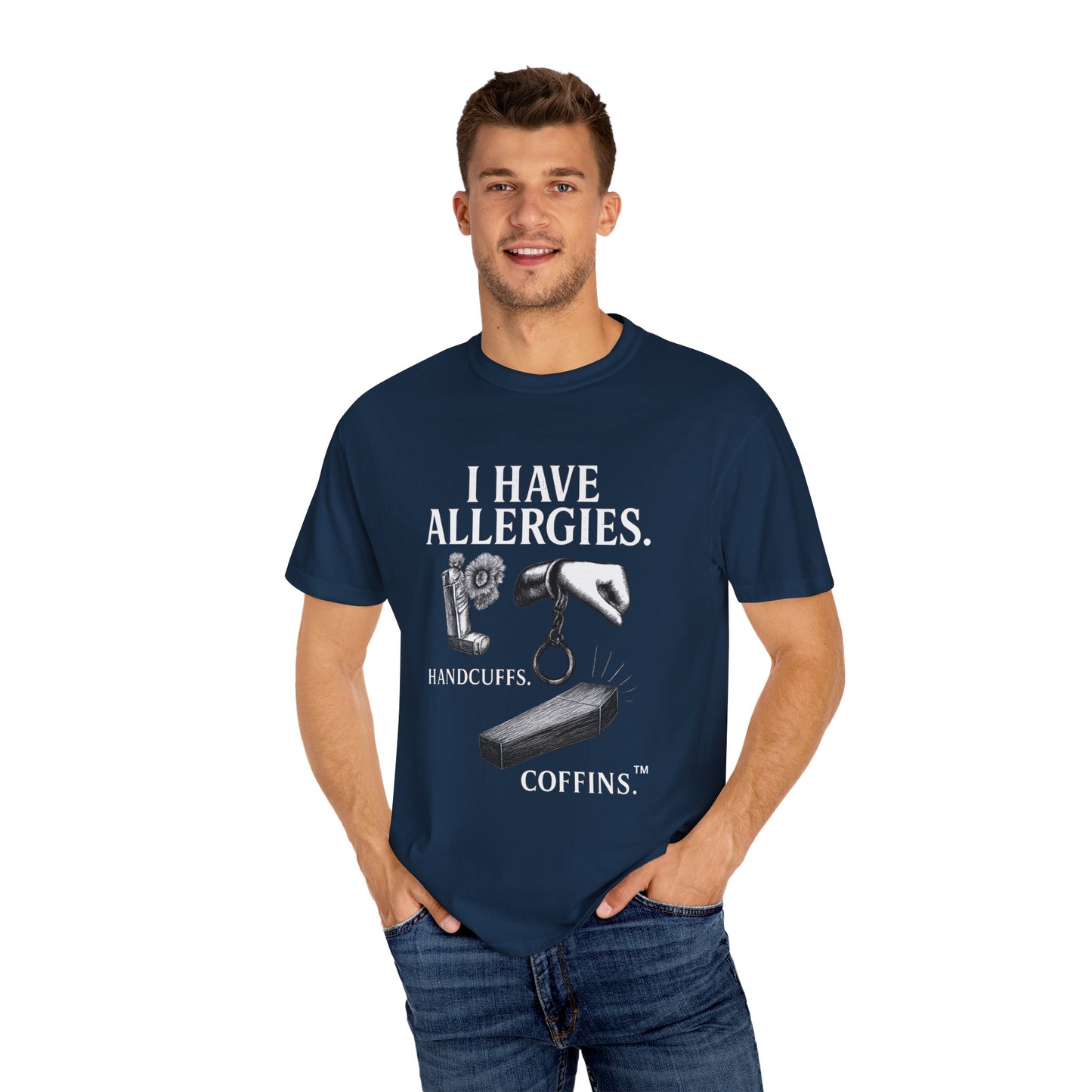 I Have Allergies, Handcuffs, and Coffins Tee – Broken Crayons Collection™ | Empowerment Apparel for Dark Truths