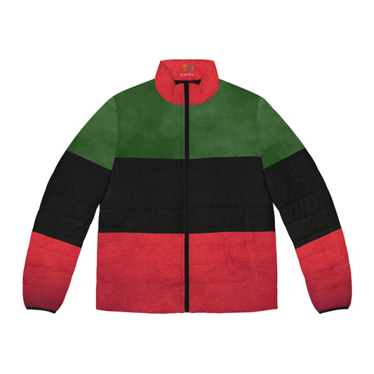 Broken Crayons Collection Pan-African Stripe Puffer Jacket — Red Black Green Winter Coat