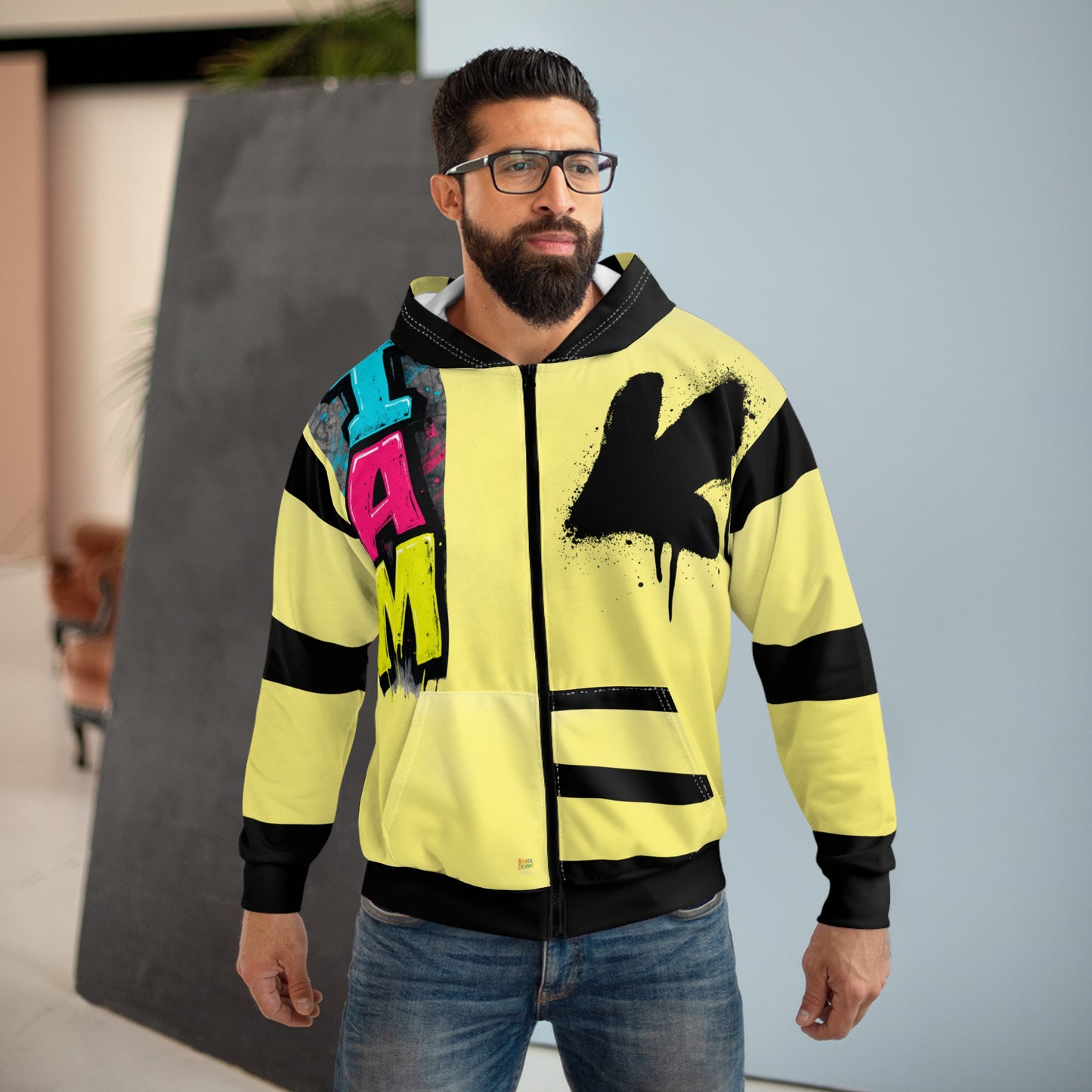 Broken Crayons Collection I AM Graffiti Zip Hoodie - Yellow Streetwear All-Over Print