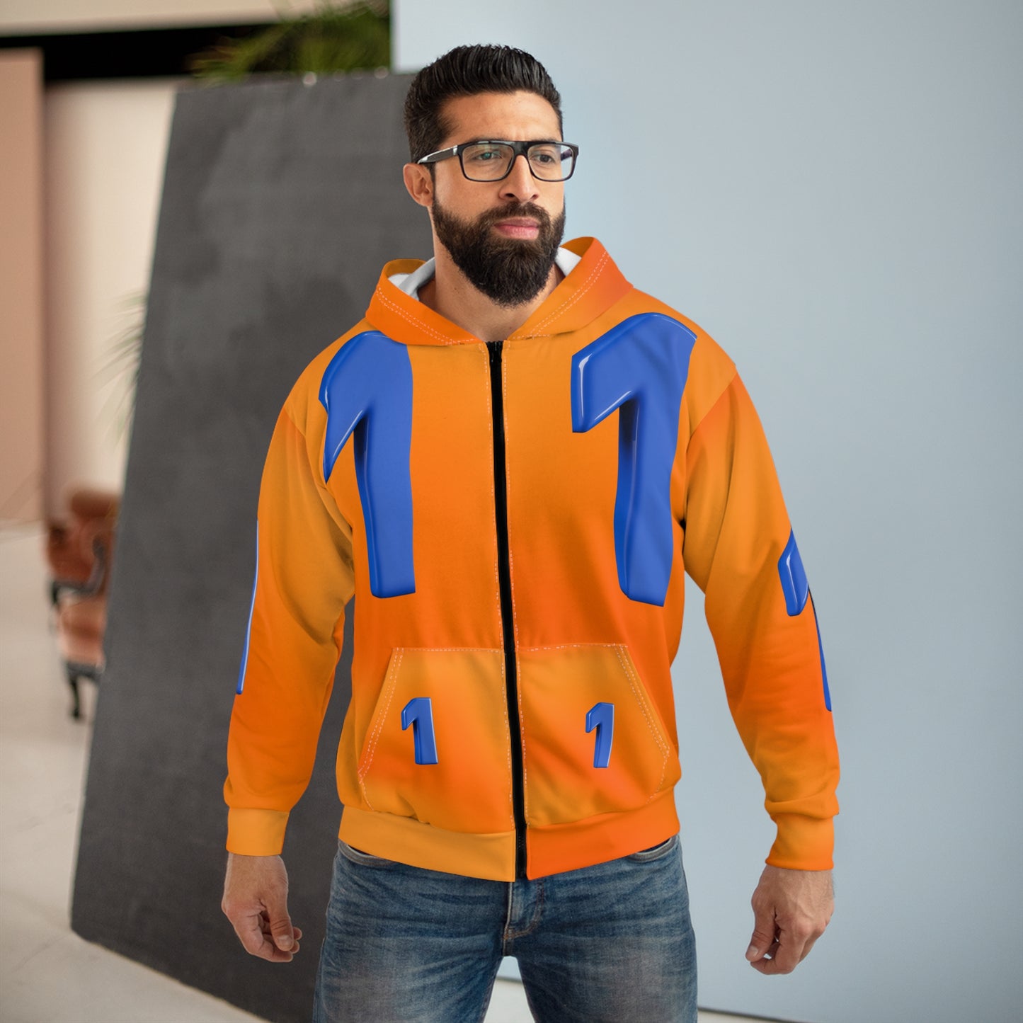 Broken Crayons Collection Orange 'Number 1' Zip Hoodie — Bold 3D Blue 1 Graphic Full-Zip Hoodie