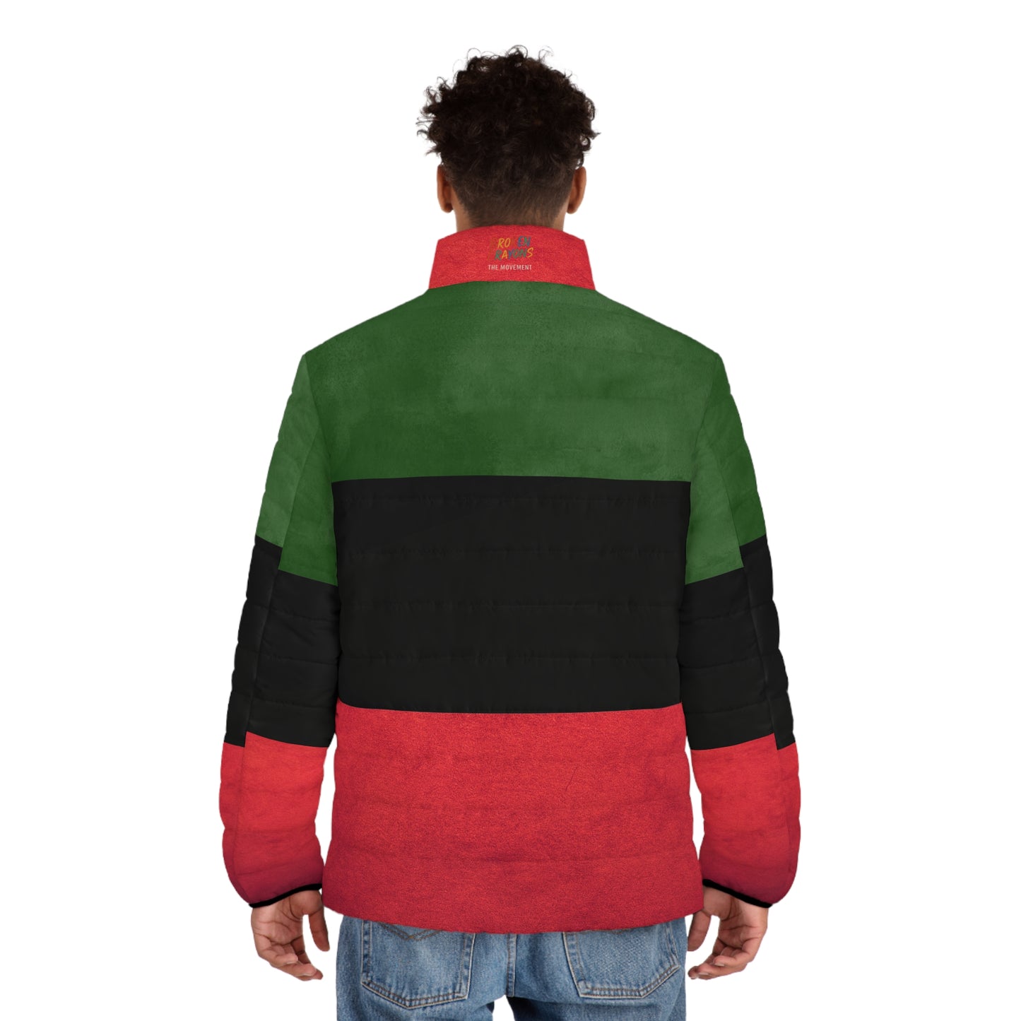 Broken Crayons Collection Pan-African Stripe Puffer Jacket — Red Black Green Winter Coat