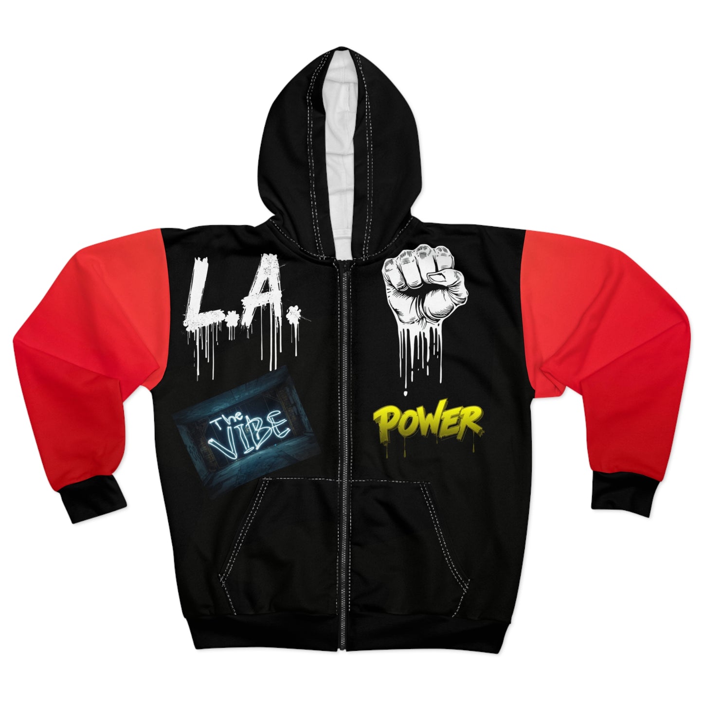Broken Crayons Collection™ “L.A. POWER” Zip-Up Hoodie – Urban Graffiti Style with Red Sleeves