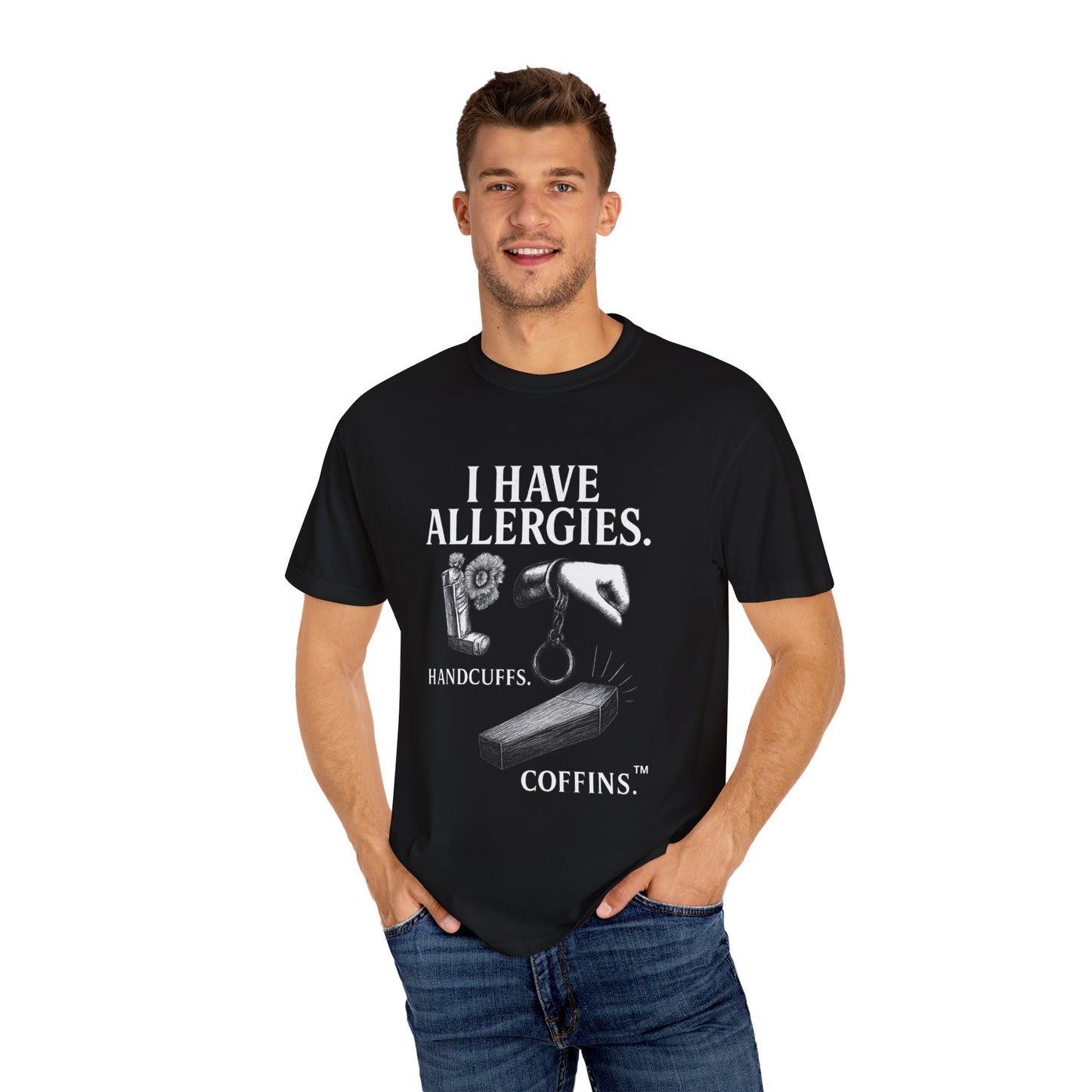I Have Allergies, Handcuffs, and Coffins Tee – Broken Crayons Collection™ | Empowerment Apparel for Dark Truths