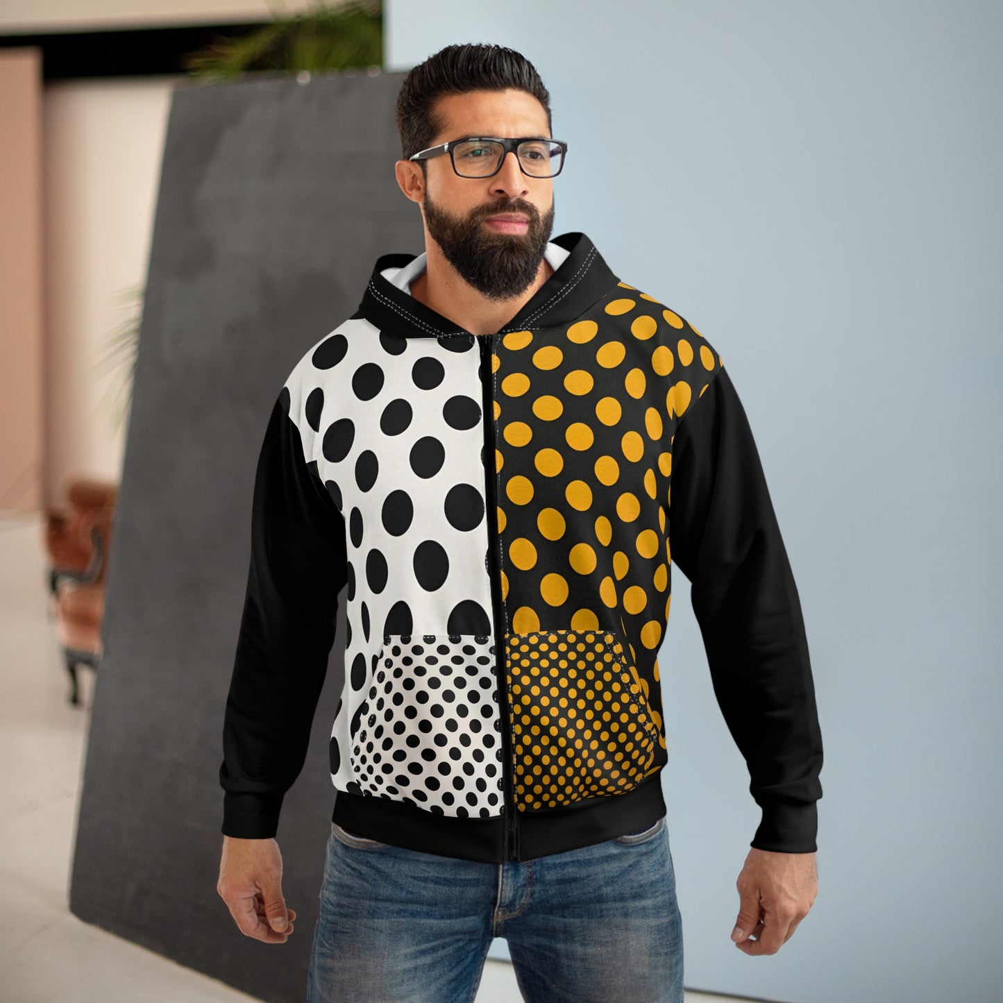 Broken Crayons Collection Polka Dot Power Zip Hoodie: Abstract Split-Panel Art | "Broken Crayons The Movement" Fist Graphic | Bold Urban Streetwear