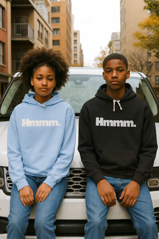 Broken Crayons Collection Hmmmm. Hoodie —  Graphic Hoodie with Front "Hmmm." Text & Back Question Mark Design