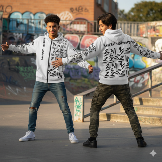 Broken Crayons Zip Hoodie – White | Grit, Art, and Identity in Motion