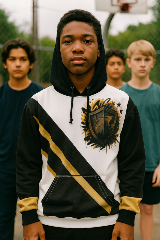 Broken Crayons Collection-"Brothers of Value" Crowned Hoodie – Black, Gold & White | Empowerment Streetwear for Boys of Color