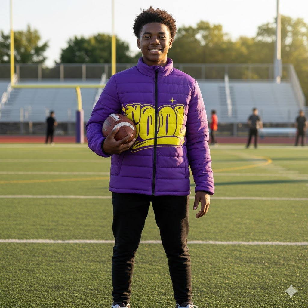 Broken Crayons Collection Streetwear COOL Puffer Jacket | Purple Quilted Bomber with Graffiti Print