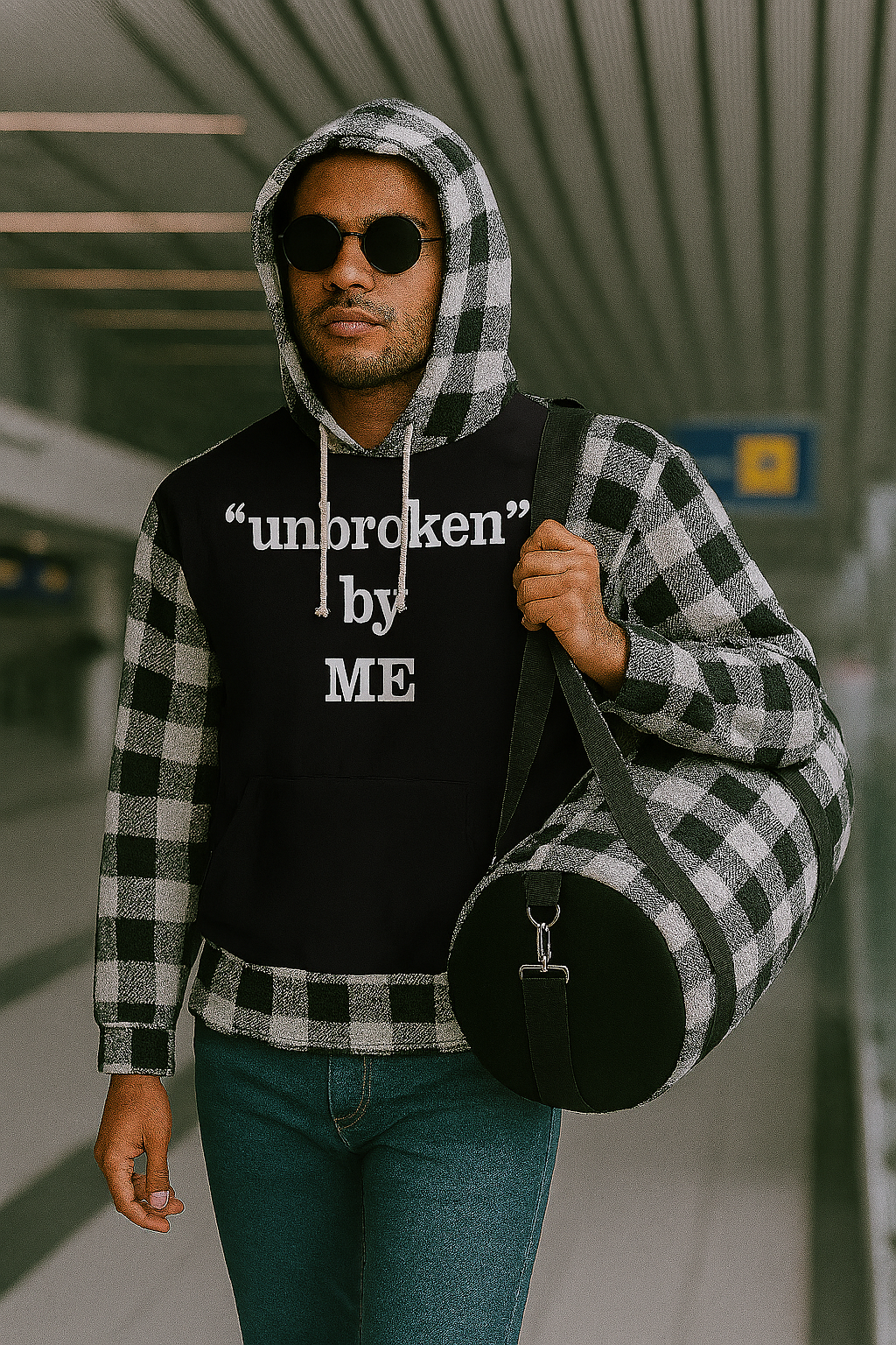 Broken Crayons Collection Unbroken by ME Hoodie – Black & Checkered Streetwear for Resilience and Self-Pride